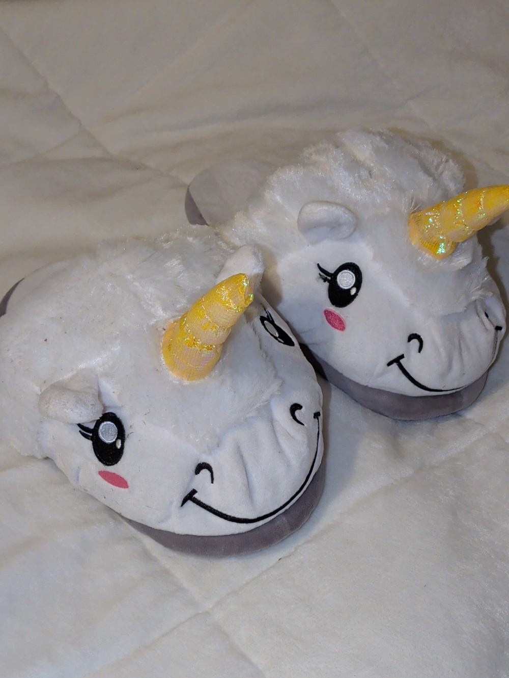 Women's White Unicorn One-Piece Slippers with Gold Horn
